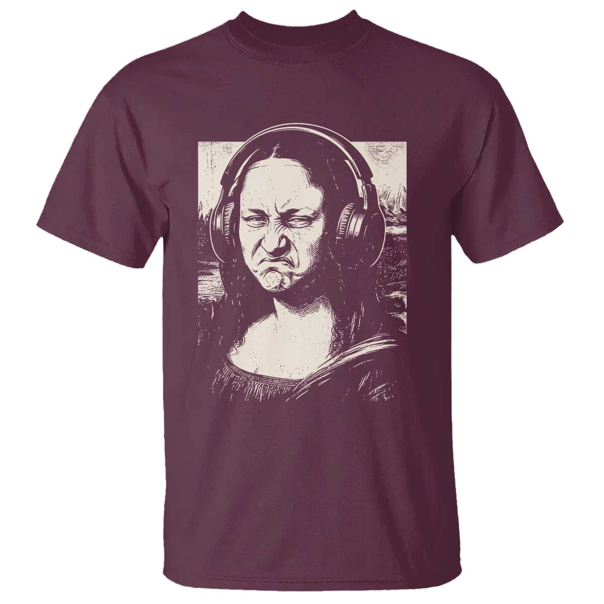 Funny Mona Lisa Wearing Headphones Bass Face Meme T Shirt Funny Classical Fine Art Parody Music Producer Graphic TS02 Maroon Print Your Wear