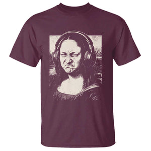 Funny Mona Lisa Wearing Headphones Bass Face Meme T Shirt Funny Classical Fine Art Parody Music Producer Graphic TS02 Maroon Print Your Wear