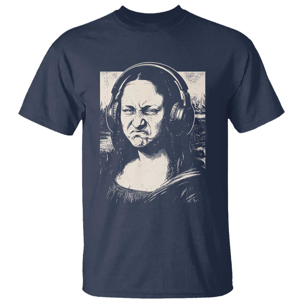 Funny Mona Lisa Wearing Headphones Bass Face Meme T Shirt Funny Classical Fine Art Parody Music Producer Graphic TS02 Navy Print Your Wear