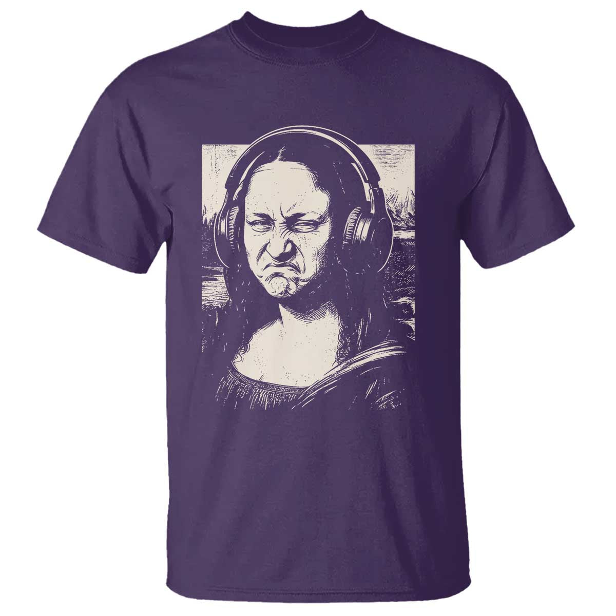 Funny Mona Lisa Wearing Headphones Bass Face Meme T Shirt Funny Classical Fine Art Parody Music Producer Graphic TS02 Purple Print Your Wear