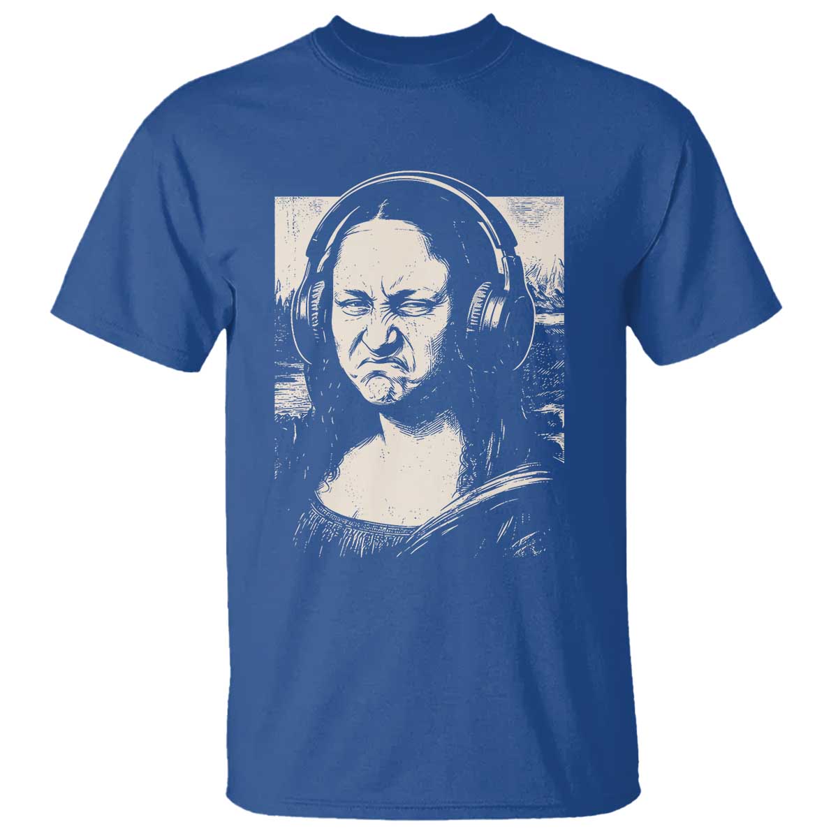 Funny Mona Lisa Wearing Headphones Bass Face Meme T Shirt Funny Classical Fine Art Parody Music Producer Graphic TS02 Royal Blue Print Your Wear