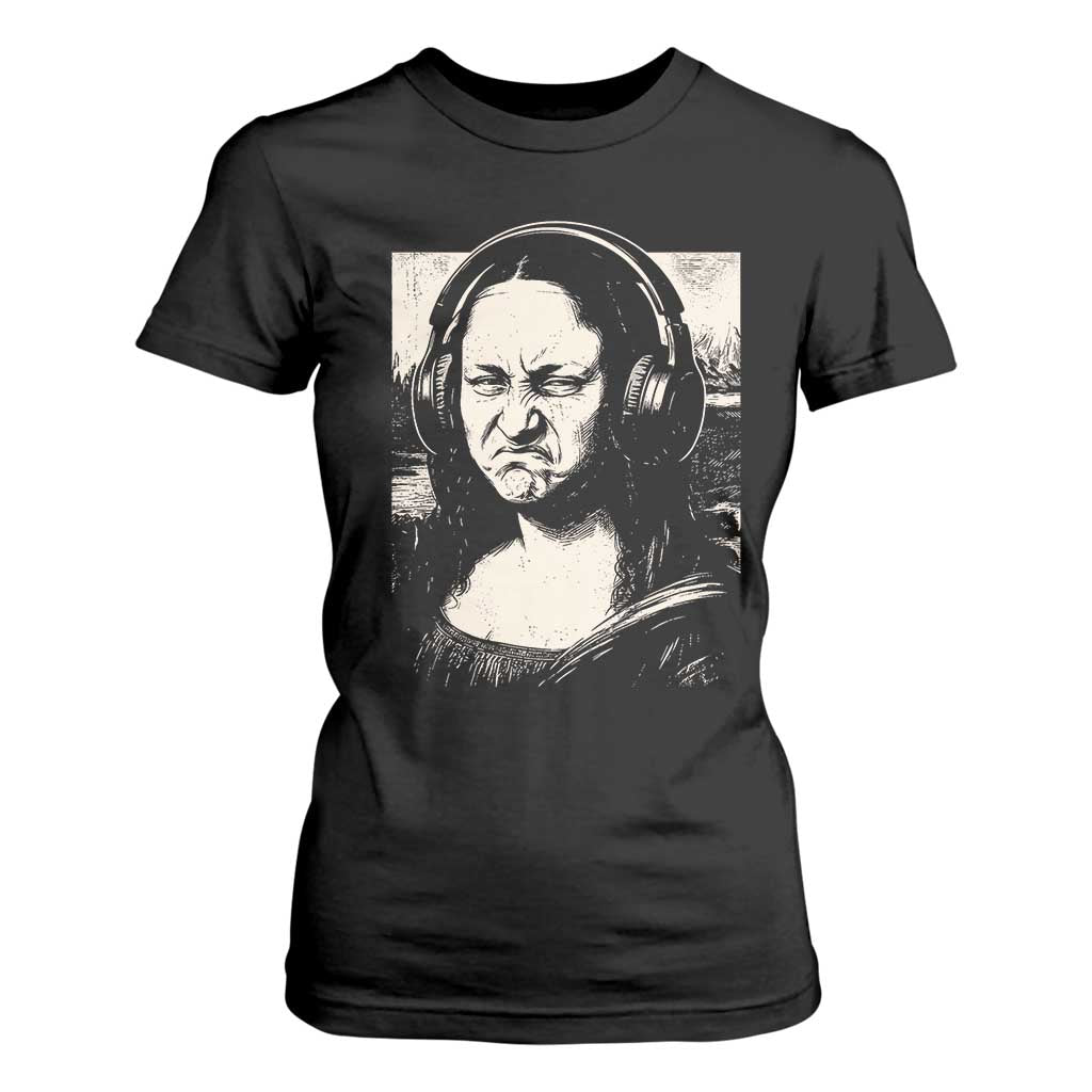 Funny Mona Lisa Wearing Headphones Bass Face Meme T Shirt For Women Funny Classical Fine Art Parody Music Producer Graphic TS02 Black Print Your Wear