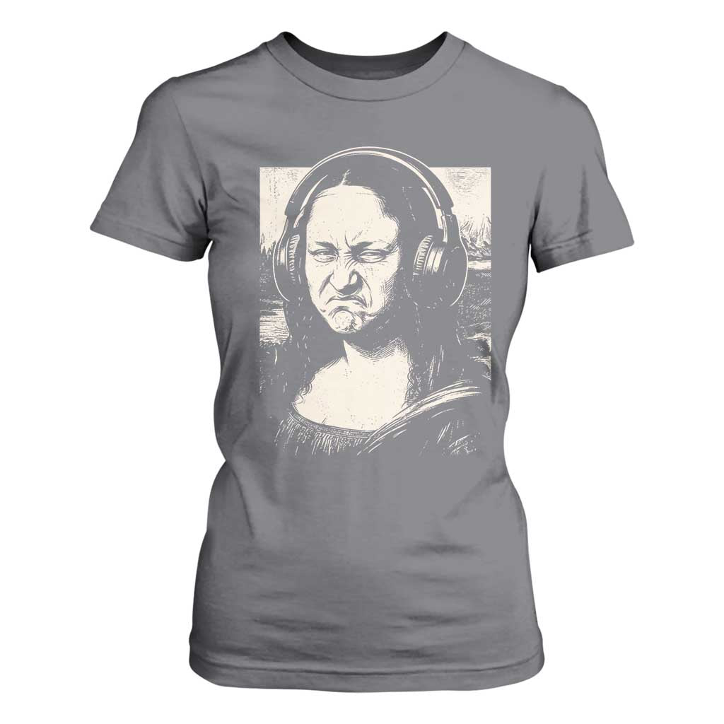 Funny Mona Lisa Wearing Headphones Bass Face Meme T Shirt For Women Funny Classical Fine Art Parody Music Producer Graphic TS02 Charcoal Print Your Wear
