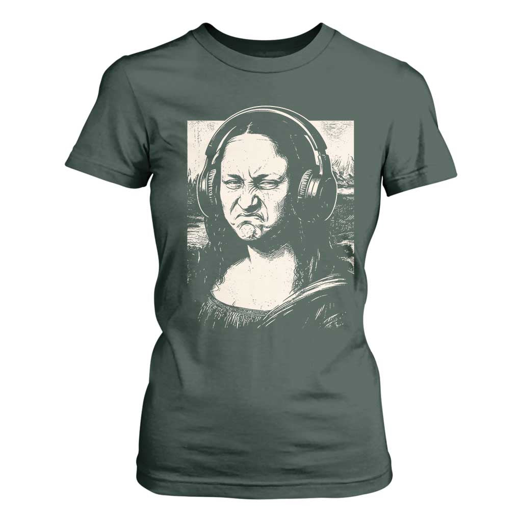 Funny Mona Lisa Wearing Headphones Bass Face Meme T Shirt For Women Funny Classical Fine Art Parody Music Producer Graphic TS02 Dark Forest Green Print Your Wear