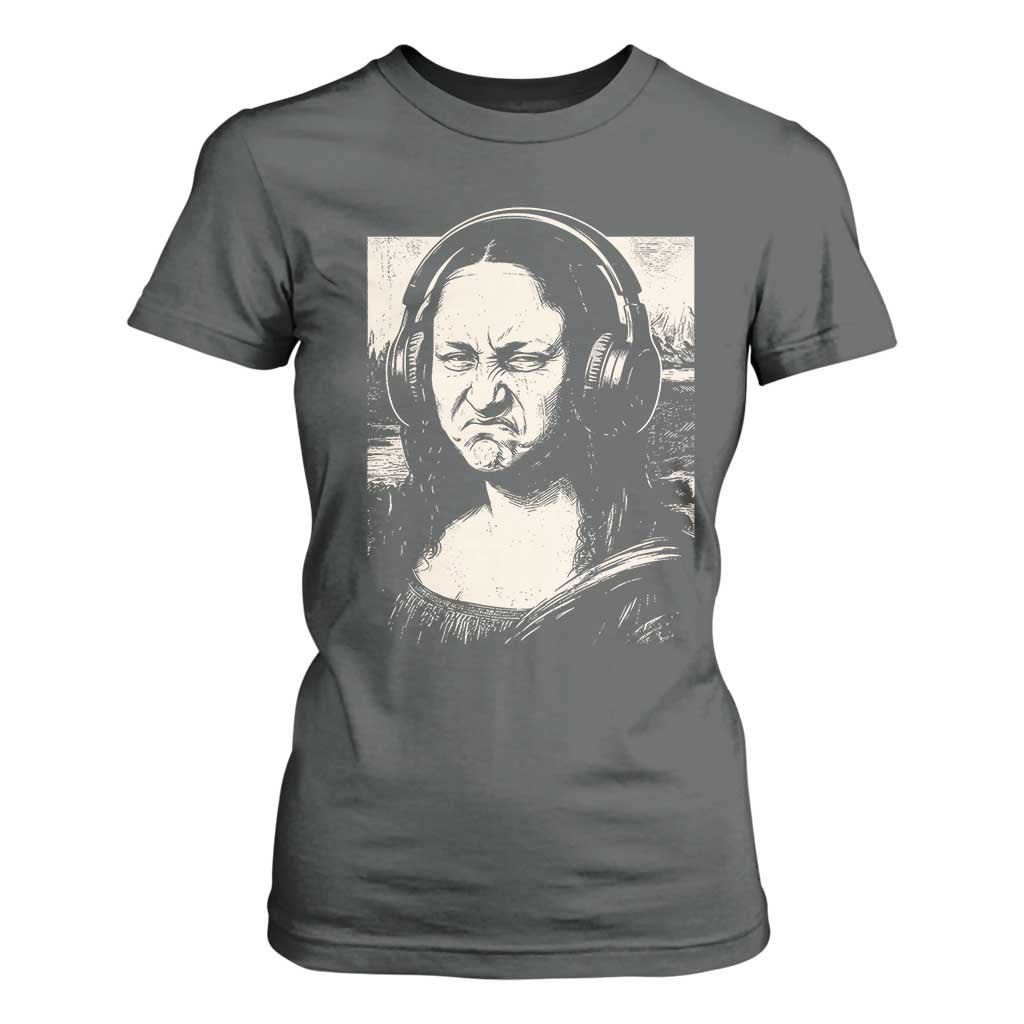 Funny Mona Lisa Wearing Headphones Bass Face Meme T Shirt For Women Funny Classical Fine Art Parody Music Producer Graphic TS02 Dark Heather Print Your Wear
