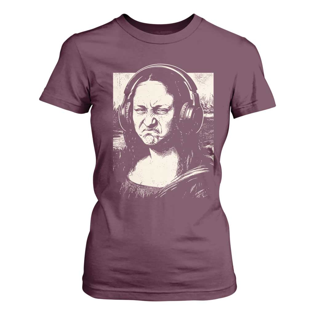 Funny Mona Lisa Wearing Headphones Bass Face Meme T Shirt For Women Funny Classical Fine Art Parody Music Producer Graphic TS02 Maroon Print Your Wear