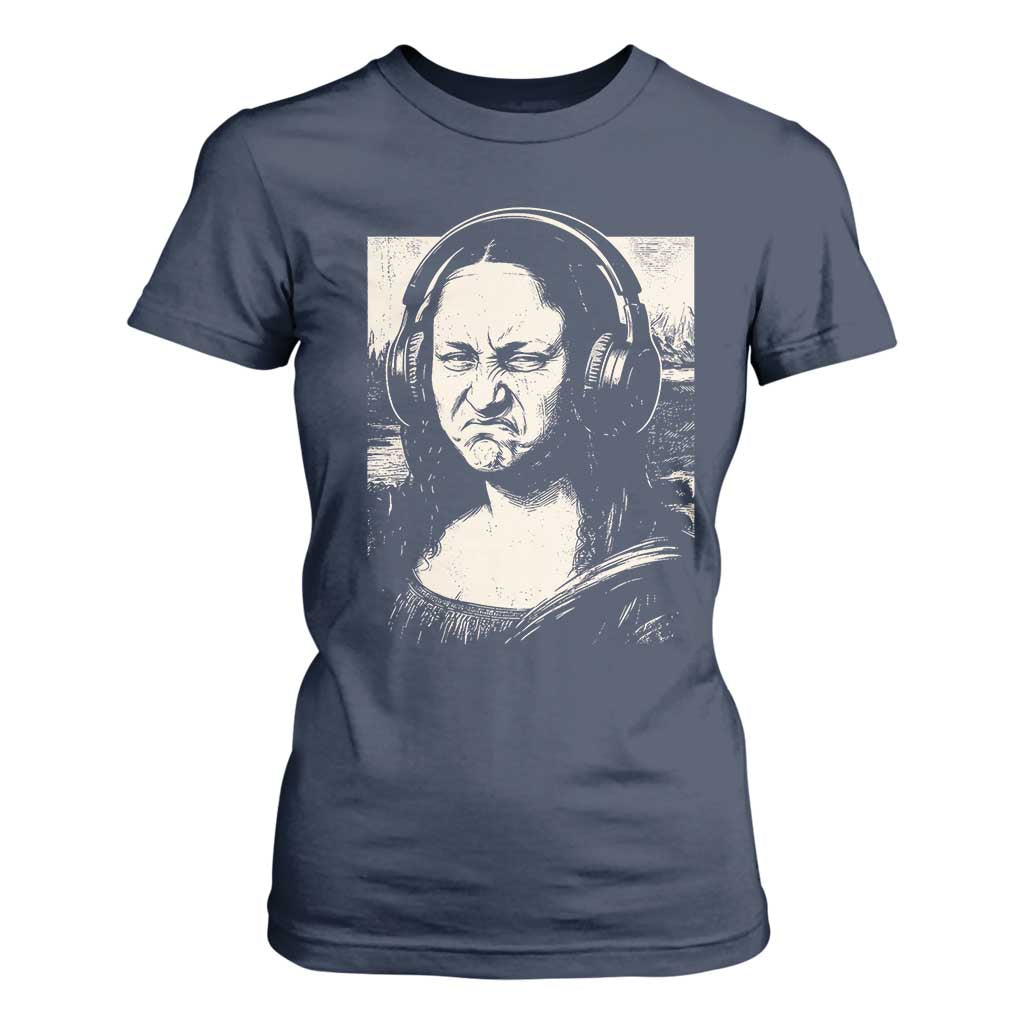 Funny Mona Lisa Wearing Headphones Bass Face Meme T Shirt For Women Funny Classical Fine Art Parody Music Producer Graphic TS02 Navy Print Your Wear