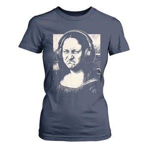 Funny Mona Lisa Wearing Headphones Bass Face Meme T Shirt For Women Funny Classical Fine Art Parody Music Producer Graphic TS02 Navy Print Your Wear