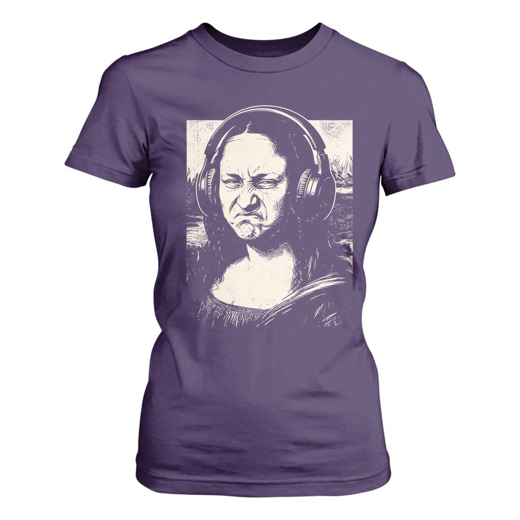 Funny Mona Lisa Wearing Headphones Bass Face Meme T Shirt For Women Funny Classical Fine Art Parody Music Producer Graphic TS02 Purple Print Your Wear