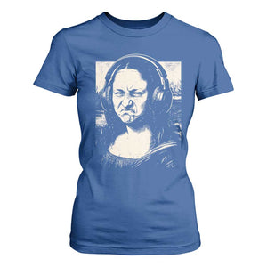 Funny Mona Lisa Wearing Headphones Bass Face Meme T Shirt For Women Funny Classical Fine Art Parody Music Producer Graphic TS02 Royal Blue Print Your Wear