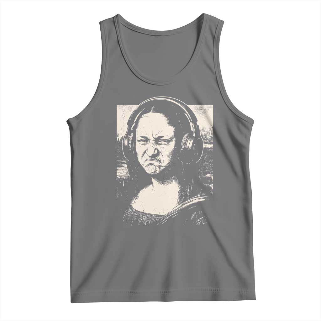 Funny Mona Lisa Wearing Headphones Bass Face Meme Tank Top Funny Classical Fine Art Parody Music Producer Graphic TS02 Black Heather Print Your Wear