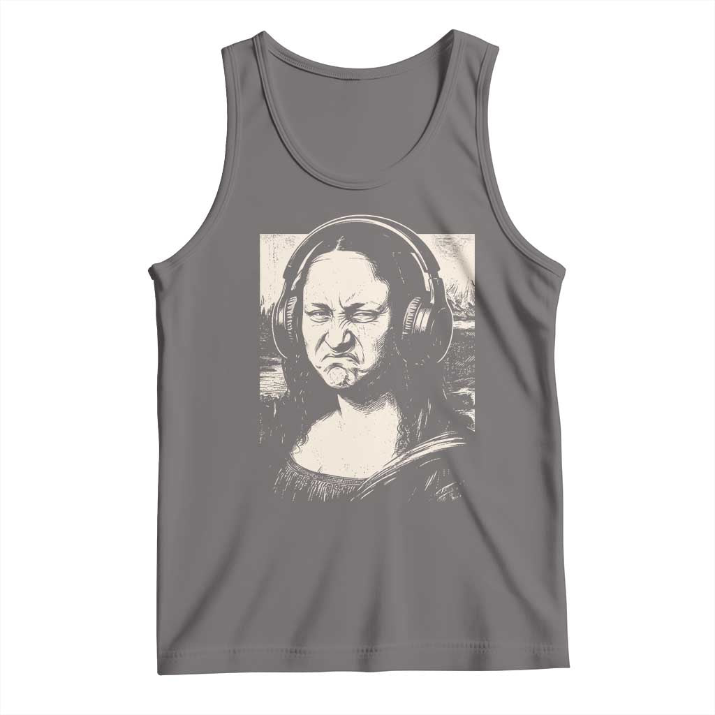 Funny Mona Lisa Wearing Headphones Bass Face Meme Tank Top Funny Classical Fine Art Parody Music Producer Graphic TS02 Deep Heather Print Your Wear