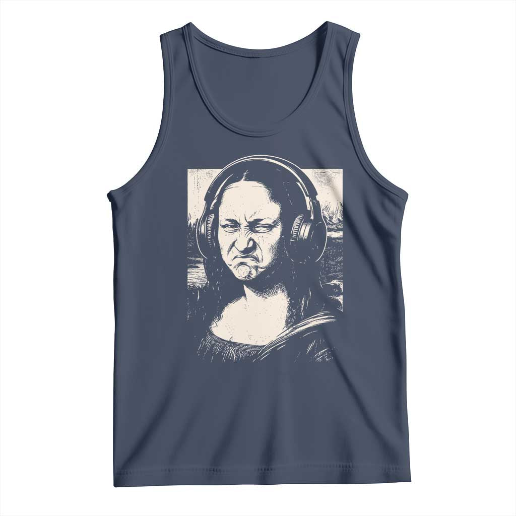 Funny Mona Lisa Wearing Headphones Bass Face Meme Tank Top Funny Classical Fine Art Parody Music Producer Graphic TS02 Navy Print Your Wear