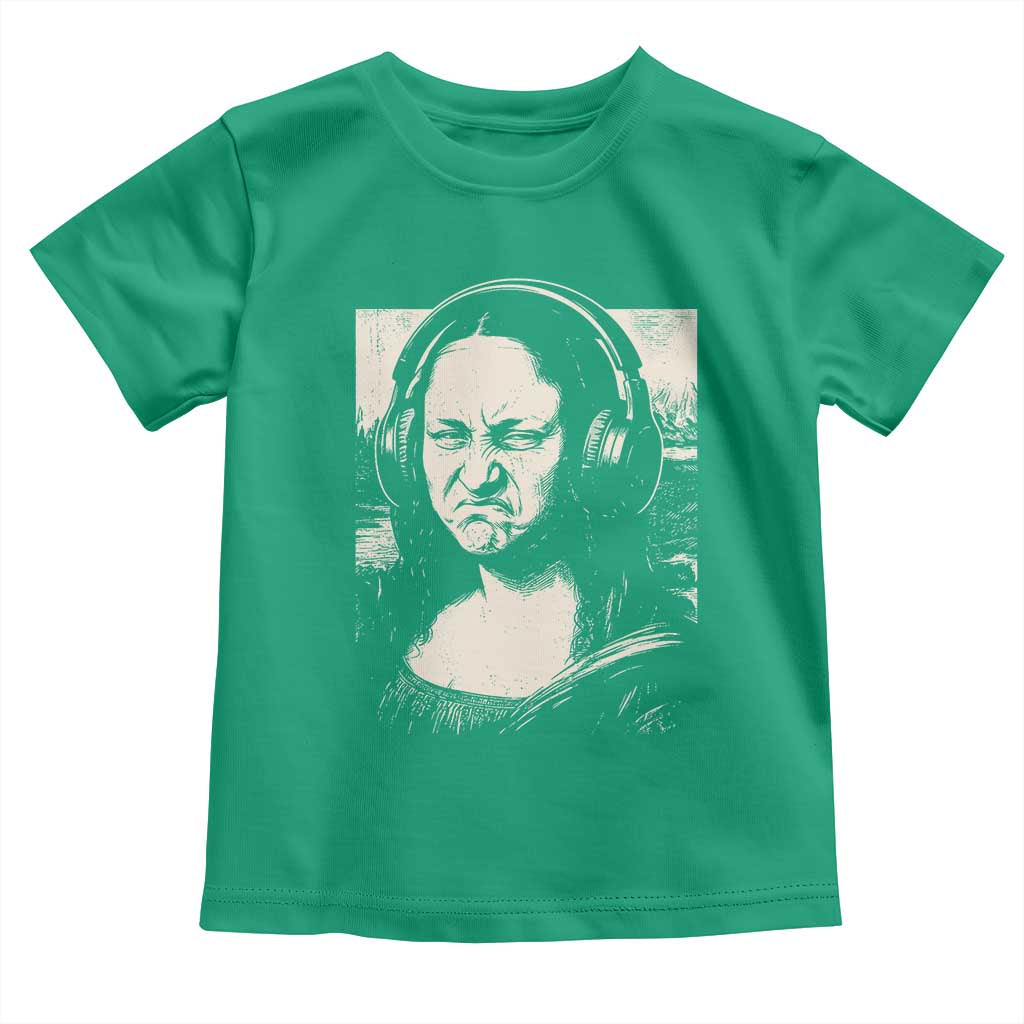 Funny Mona Lisa Wearing Headphones Bass Face Meme Toddler T Shirt Funny Classical Fine Art Parody Music Producer Graphic TS02 Irish Green Print Your Wear