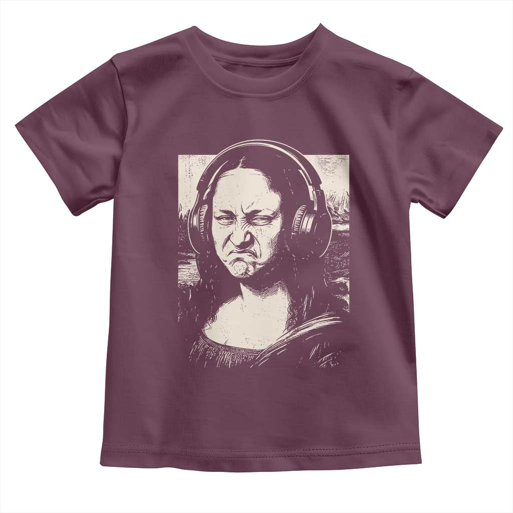 Funny Mona Lisa Wearing Headphones Bass Face Meme Toddler T Shirt Funny Classical Fine Art Parody Music Producer Graphic TS02 Maroon Print Your Wear
