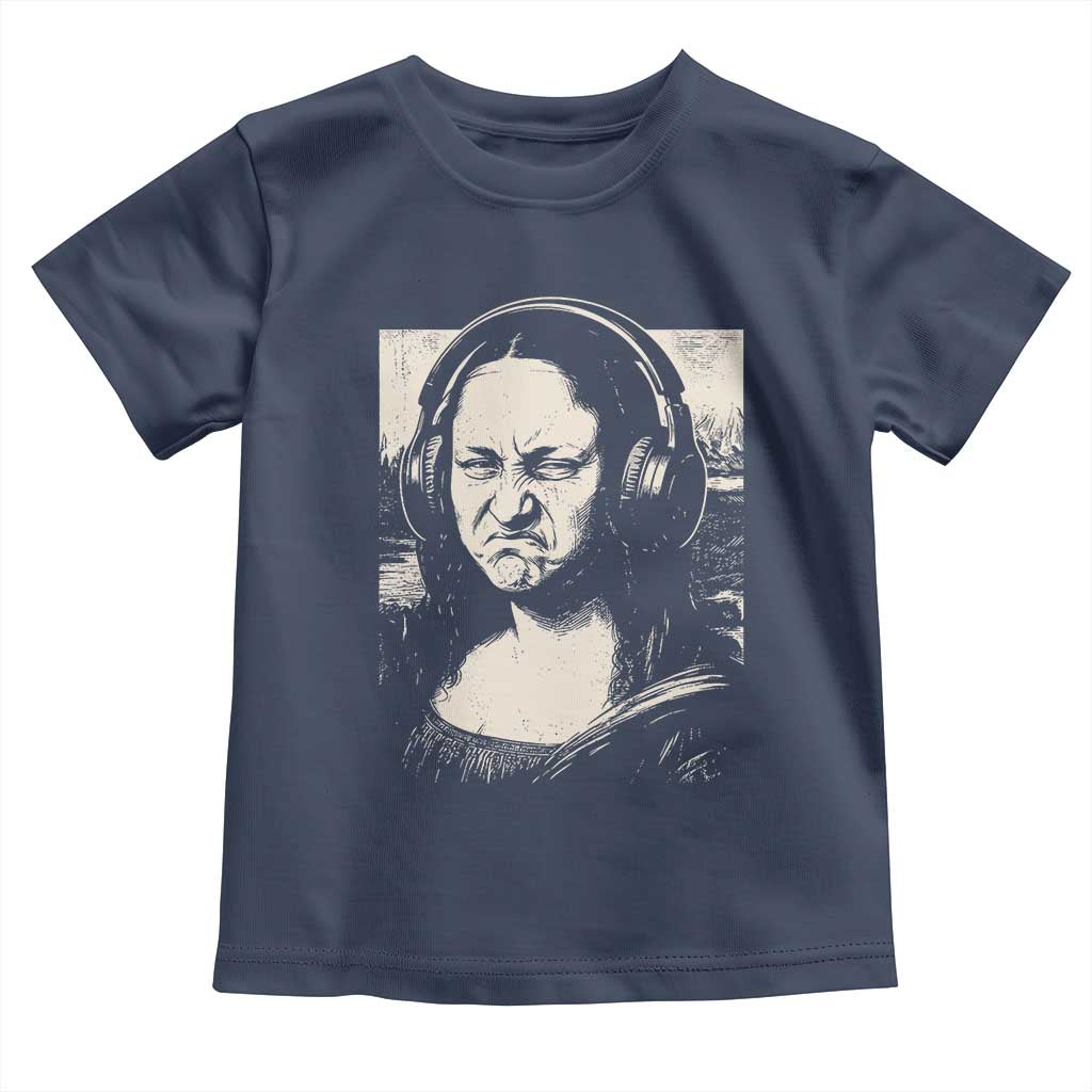 Funny Mona Lisa Wearing Headphones Bass Face Meme Toddler T Shirt Funny Classical Fine Art Parody Music Producer Graphic TS02 Navy Print Your Wear