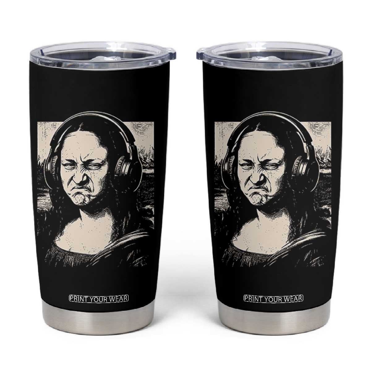 Funny Mona Lisa Wearing Headphones Bass Face Meme Tumbler Cup Funny Classical Fine Art Parody Music Producer Graphic TS02 Black Print Your Wear