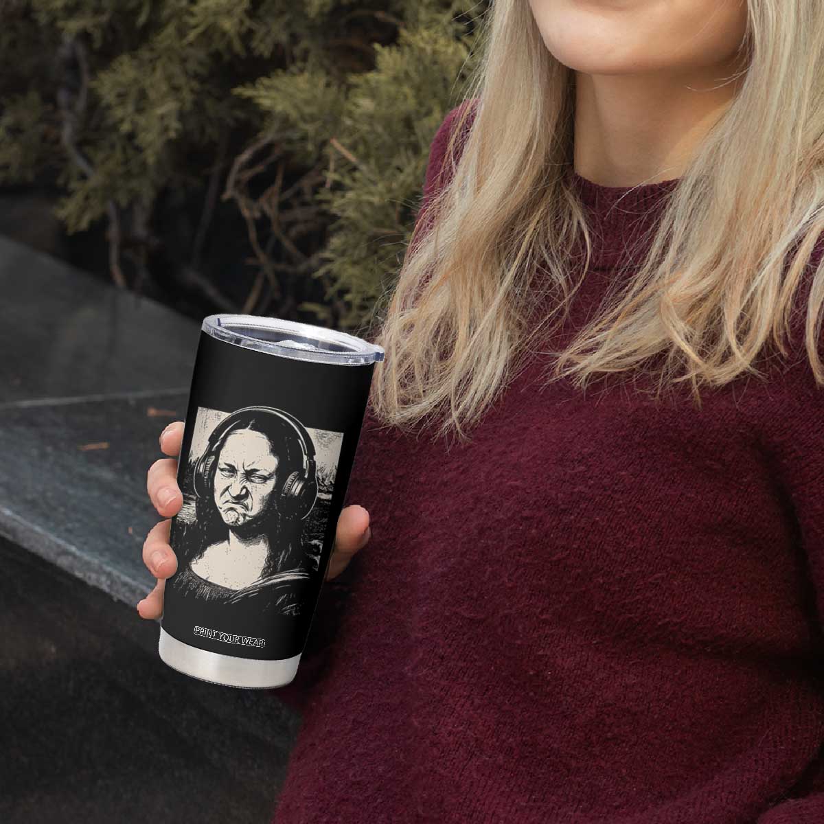 Funny Mona Lisa Wearing Headphones Bass Face Meme Tumbler Cup Funny Classical Fine Art Parody Music Producer Graphic TS02 Print Your Wear