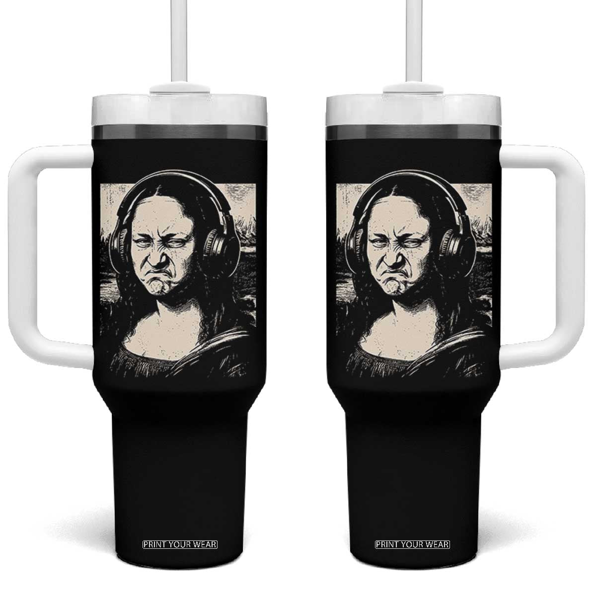 Funny Mona Lisa Wearing Headphones Bass Face Meme Tumbler With Handle Funny Classical Fine Art Parody Music Producer Graphic TS02 One Size: 40 oz Black Print Your Wear