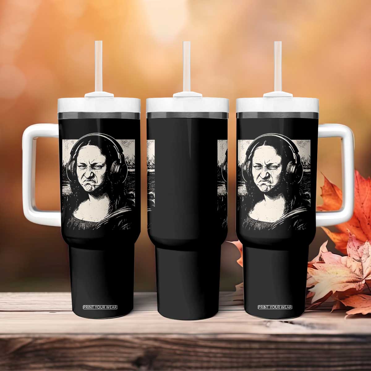 Funny Mona Lisa Wearing Headphones Bass Face Meme Tumbler With Handle Funny Classical Fine Art Parody Music Producer Graphic TS02 Print Your Wear