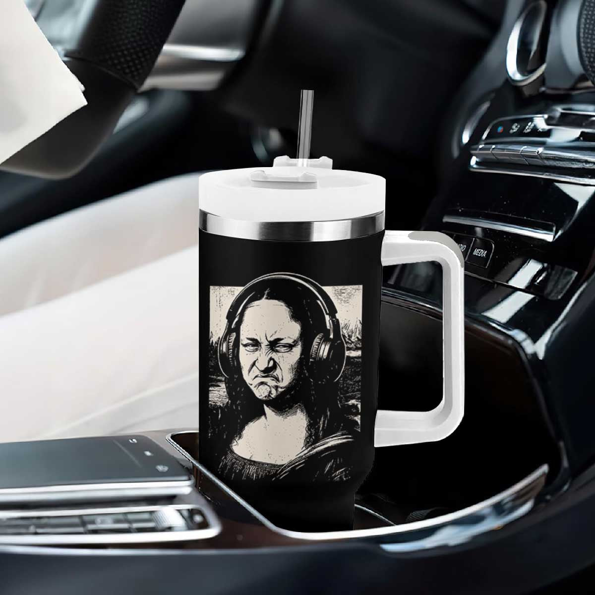 Funny Mona Lisa Wearing Headphones Bass Face Meme Tumbler With Handle Funny Classical Fine Art Parody Music Producer Graphic TS02 Print Your Wear
