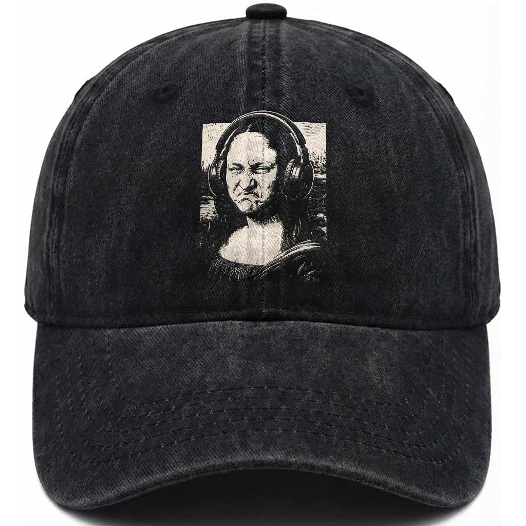 Funny Mona Lisa Wearing Headphones Bass Face Meme Washed Cotton Baseball Cap Funny Classical Fine Art Parody Music Producer Graphic TS02 Print Your Wear
