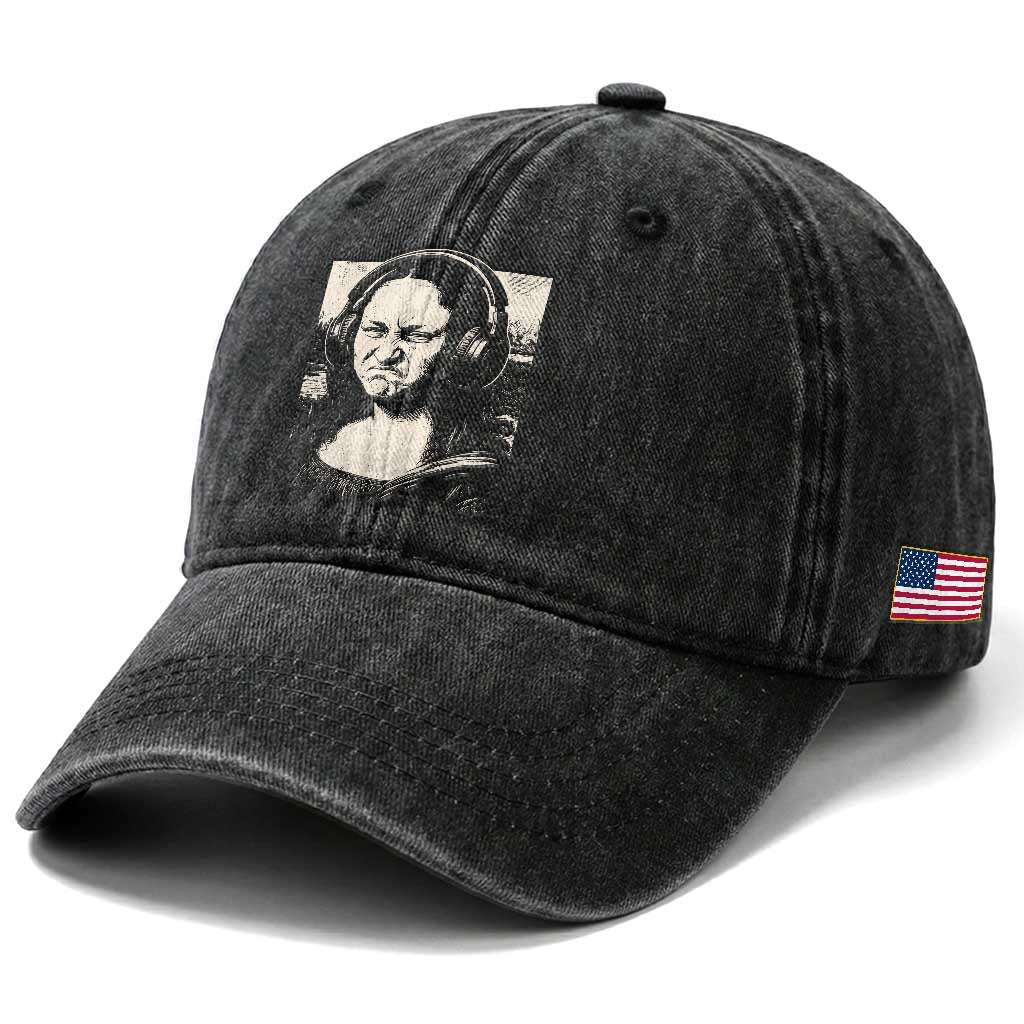 Funny Mona Lisa Wearing Headphones Bass Face Meme Washed Cotton Baseball Cap Funny Classical Fine Art Parody Music Producer Graphic TS02 Print Your Wear