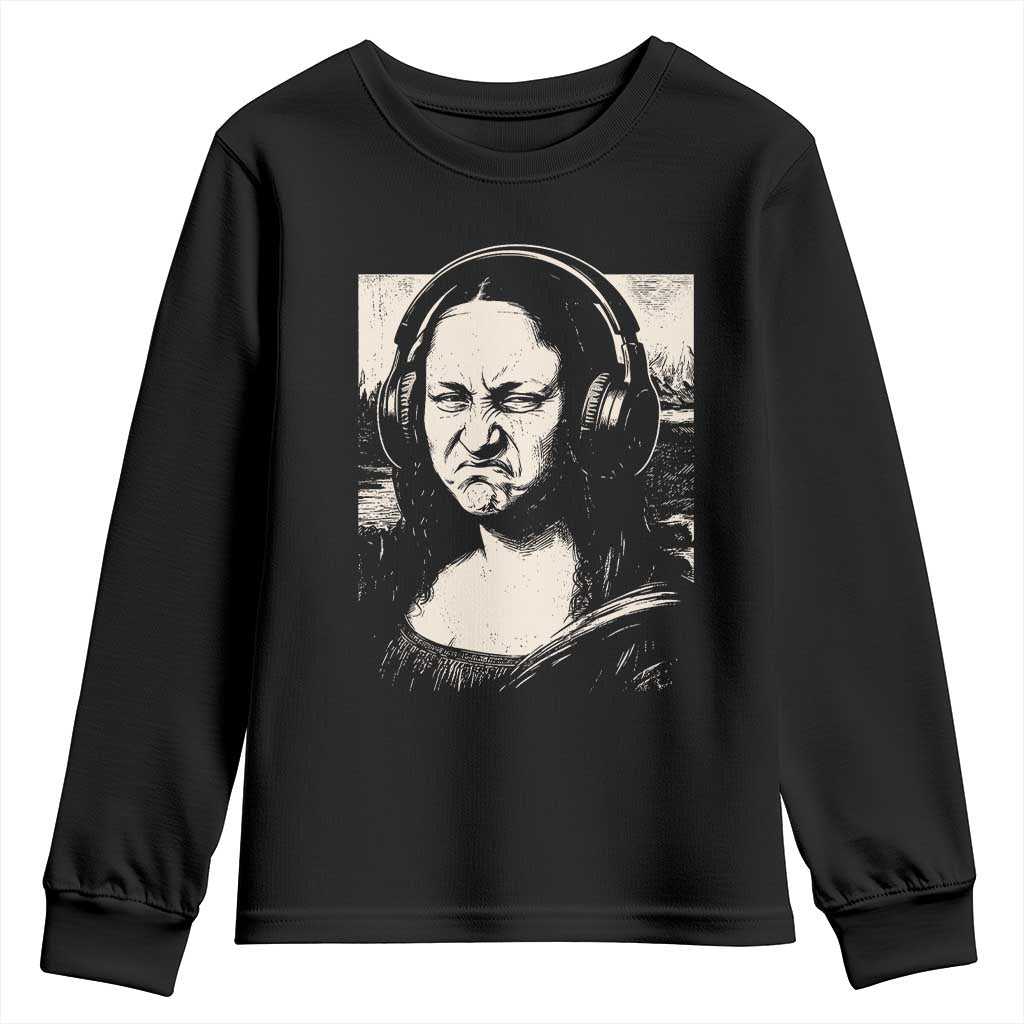 Funny Mona Lisa Wearing Headphones Bass Face Meme Youth Sweatshirt Funny Classical Fine Art Parody Music Producer Graphic TS02 Black Print Your Wear