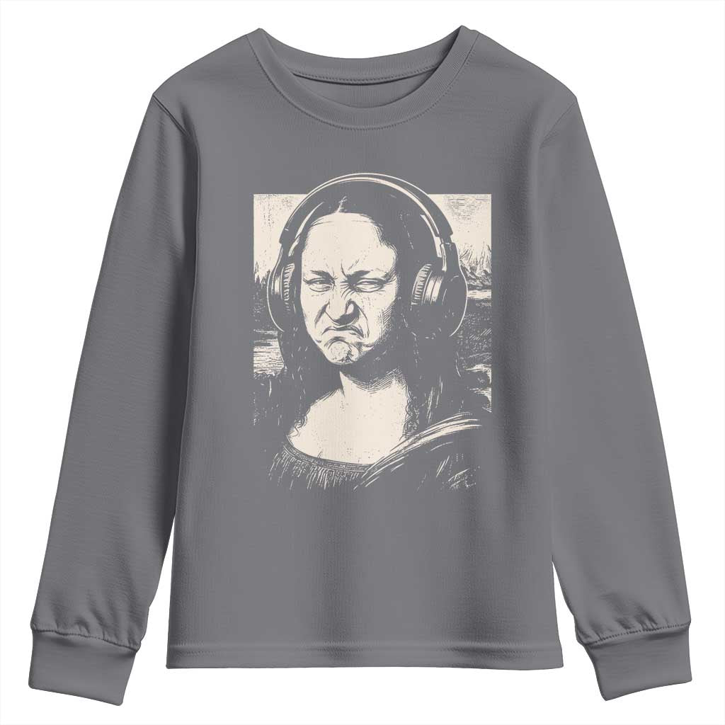 Funny Mona Lisa Wearing Headphones Bass Face Meme Youth Sweatshirt Funny Classical Fine Art Parody Music Producer Graphic TS02 Charcoal Print Your Wear