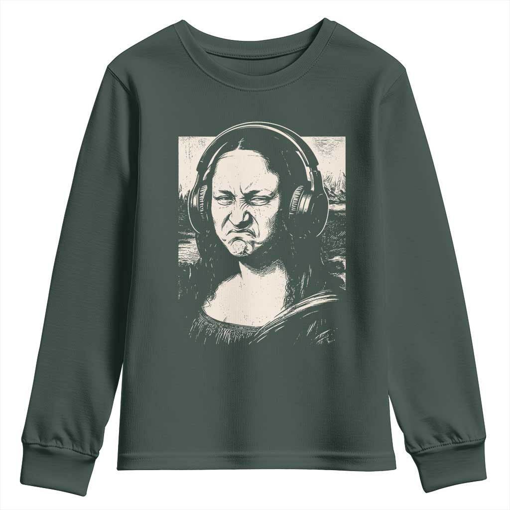 Funny Mona Lisa Wearing Headphones Bass Face Meme Youth Sweatshirt Funny Classical Fine Art Parody Music Producer Graphic TS02 Dark Forest Green Print Your Wear