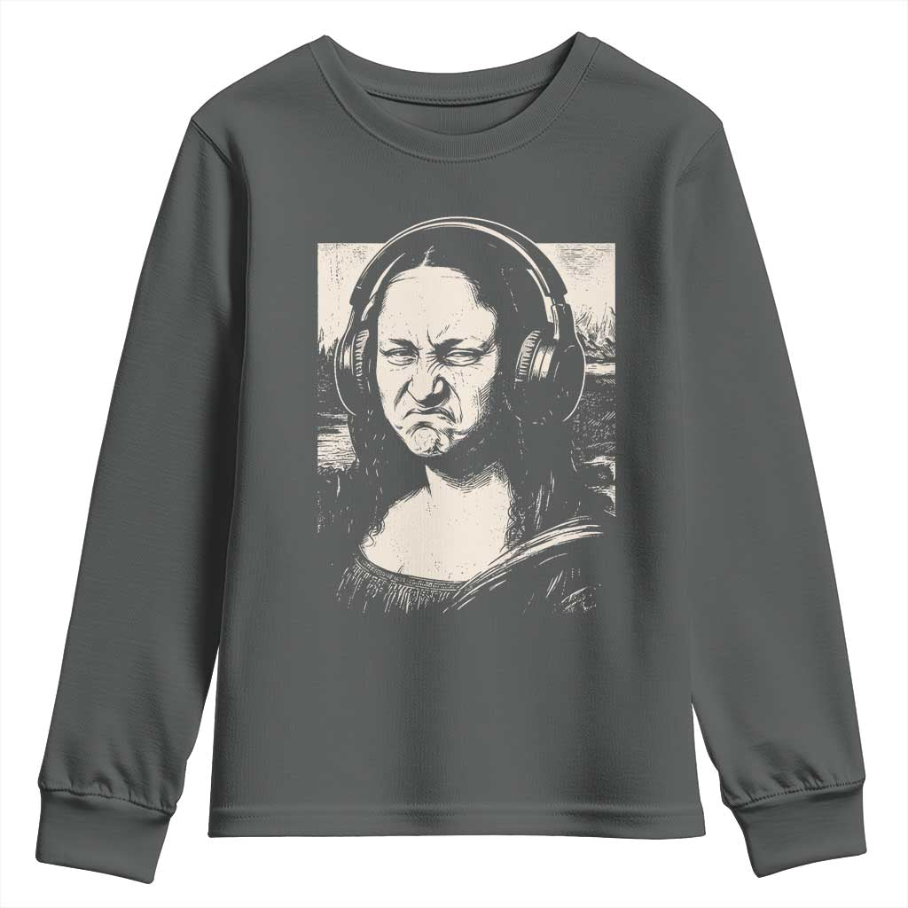 Funny Mona Lisa Wearing Headphones Bass Face Meme Youth Sweatshirt Funny Classical Fine Art Parody Music Producer Graphic TS02 Dark Heather Print Your Wear