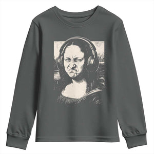 Funny Mona Lisa Wearing Headphones Bass Face Meme Youth Sweatshirt Funny Classical Fine Art Parody Music Producer Graphic TS02 Dark Heather Print Your Wear