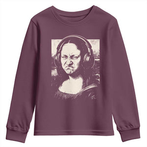 Funny Mona Lisa Wearing Headphones Bass Face Meme Youth Sweatshirt Funny Classical Fine Art Parody Music Producer Graphic TS02 Maroon Print Your Wear
