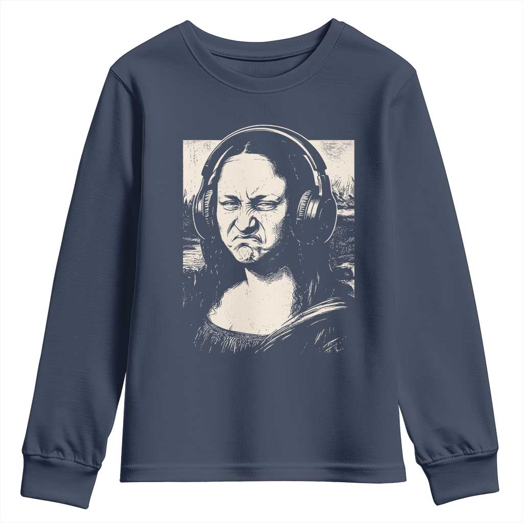 Funny Mona Lisa Wearing Headphones Bass Face Meme Youth Sweatshirt Funny Classical Fine Art Parody Music Producer Graphic TS02 Navy Print Your Wear