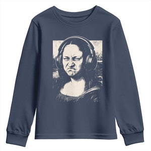 Funny Mona Lisa Wearing Headphones Bass Face Meme Youth Sweatshirt Funny Classical Fine Art Parody Music Producer Graphic TS02 Navy Print Your Wear