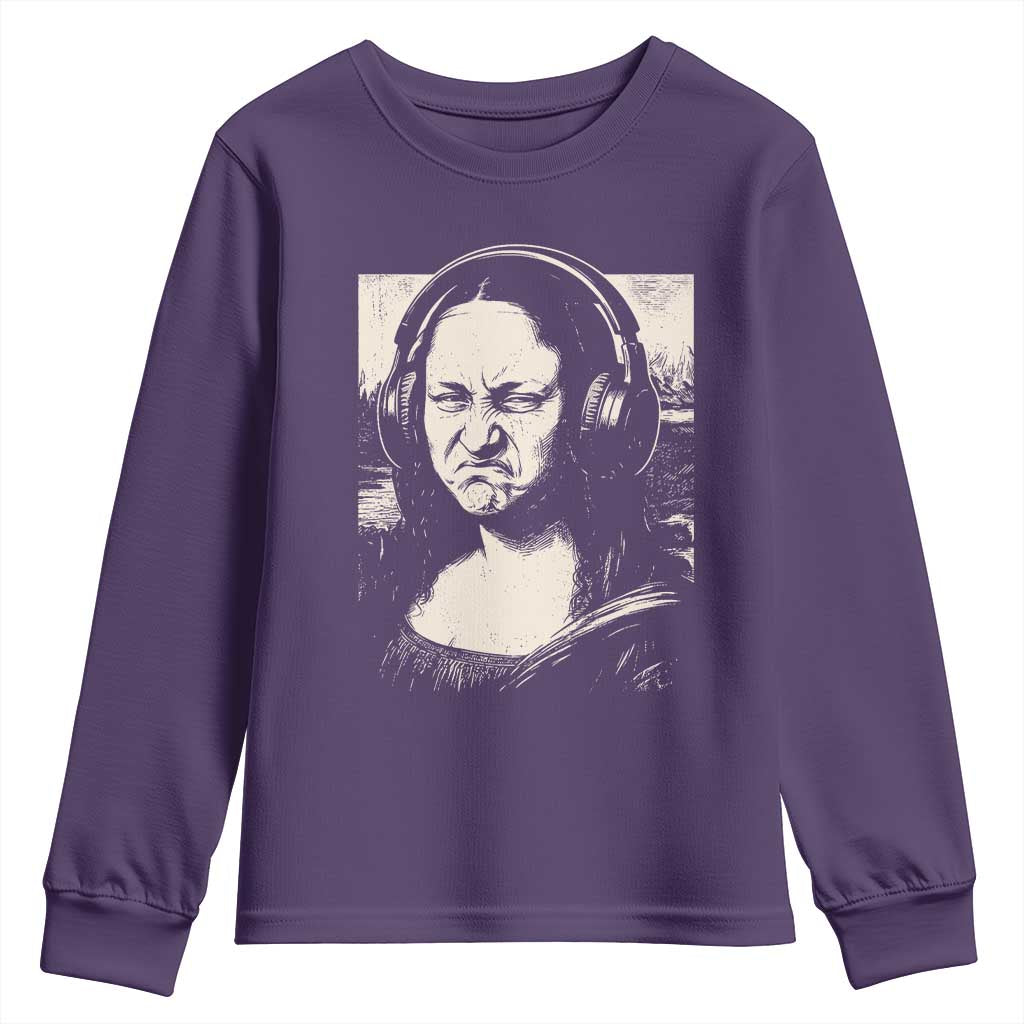Funny Mona Lisa Wearing Headphones Bass Face Meme Youth Sweatshirt Funny Classical Fine Art Parody Music Producer Graphic TS02 Purple Print Your Wear