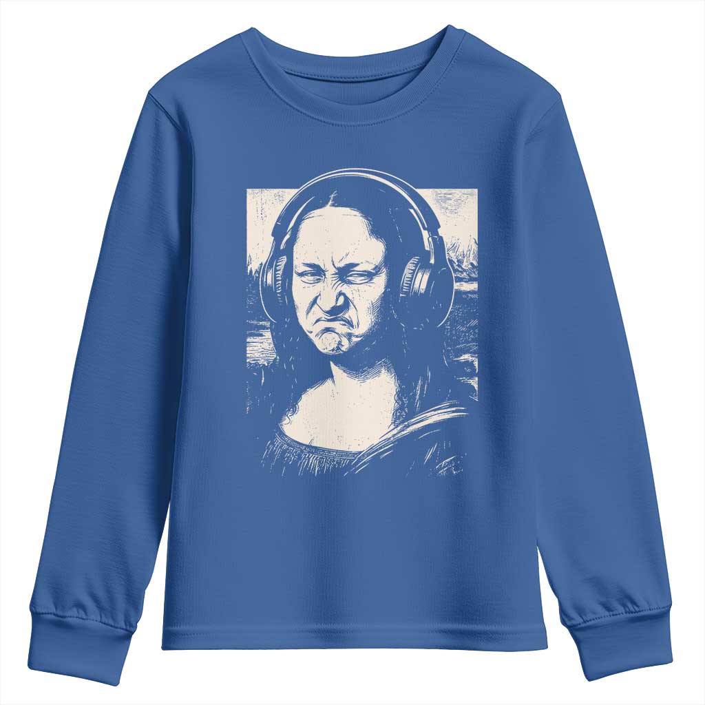 Funny Mona Lisa Wearing Headphones Bass Face Meme Youth Sweatshirt Funny Classical Fine Art Parody Music Producer Graphic TS02 Royal Blue Print Your Wear