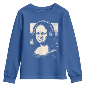 Funny Mona Lisa Wearing Headphones Bass Face Meme Youth Sweatshirt Funny Classical Fine Art Parody Music Producer Graphic TS02 Royal Blue Print Your Wear