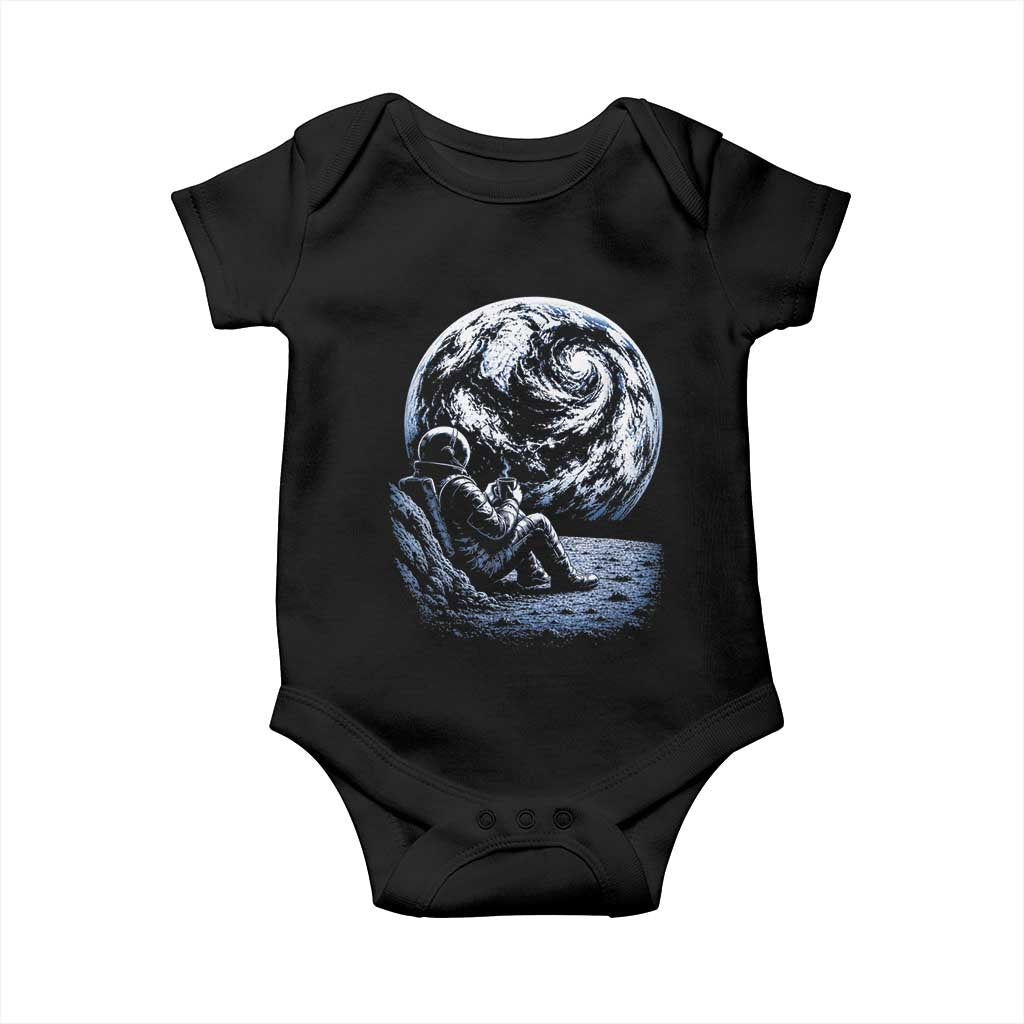 Astronaut Drinking Coffee On The Moon Graphic Baby Onesie Vintage Sci Fi Earth Horizon Space Explorer TS02 Black Print Your Wear
