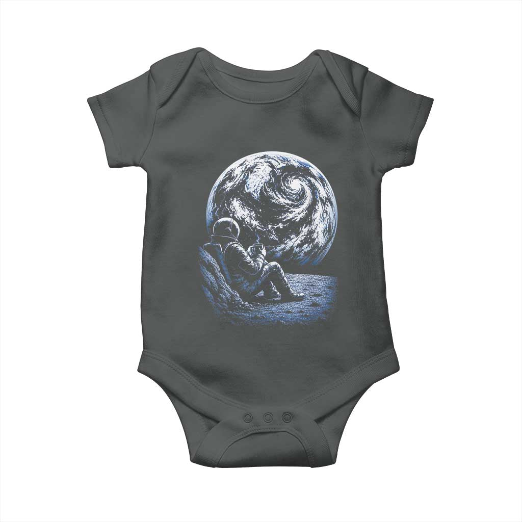 Astronaut Drinking Coffee On The Moon Graphic Baby Onesie Vintage Sci Fi Earth Horizon Space Explorer TS02 Dark Heather Print Your Wear