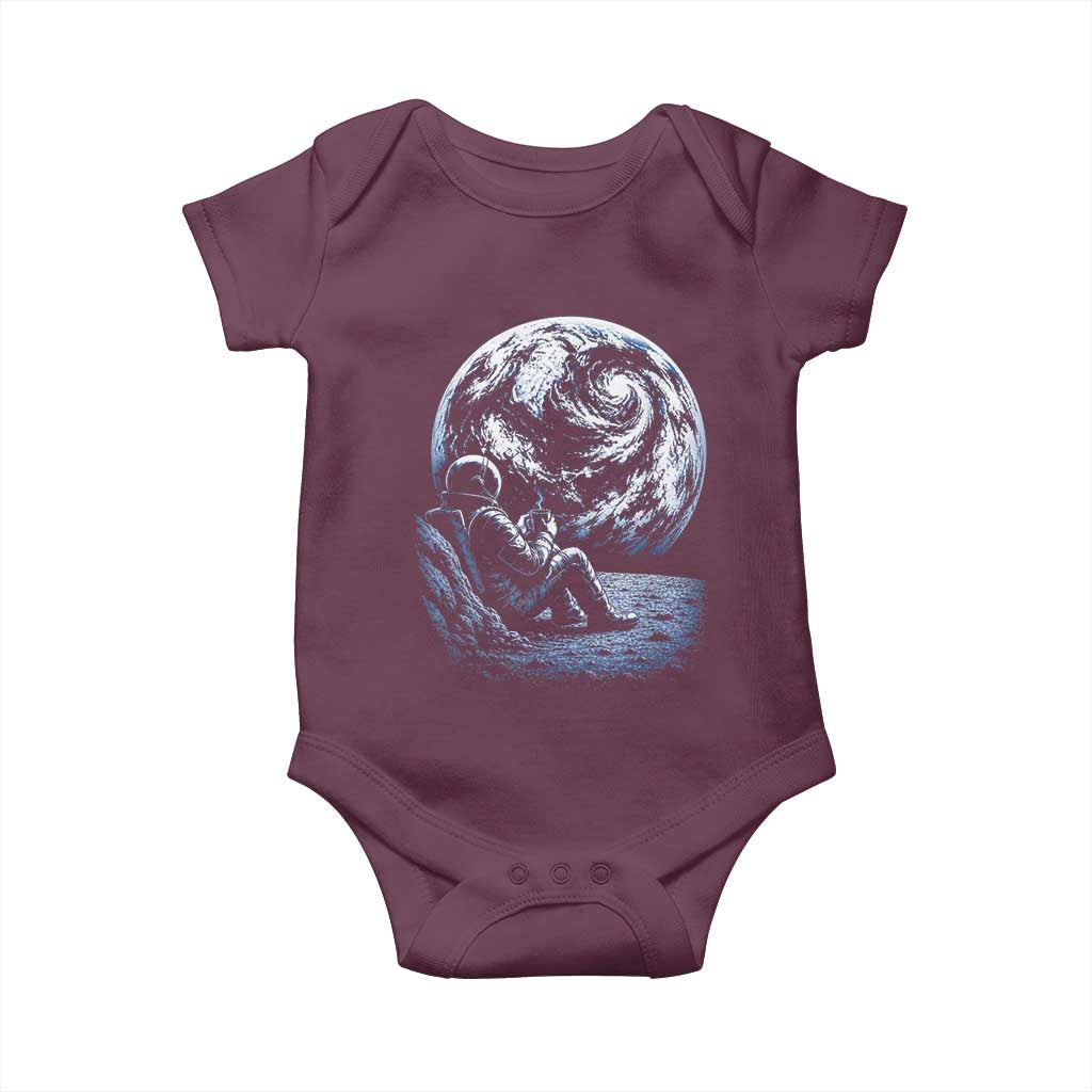 Astronaut Drinking Coffee On The Moon Graphic Baby Onesie Vintage Sci Fi Earth Horizon Space Explorer TS02 Maroon Print Your Wear