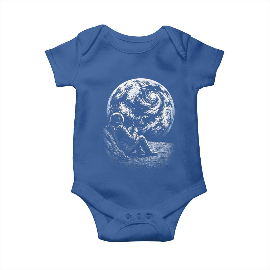Astronaut Drinking Coffee On The Moon Graphic Baby Onesie Vintage Sci Fi Earth Horizon Space Explorer TS02 Royal Blue Print Your Wear