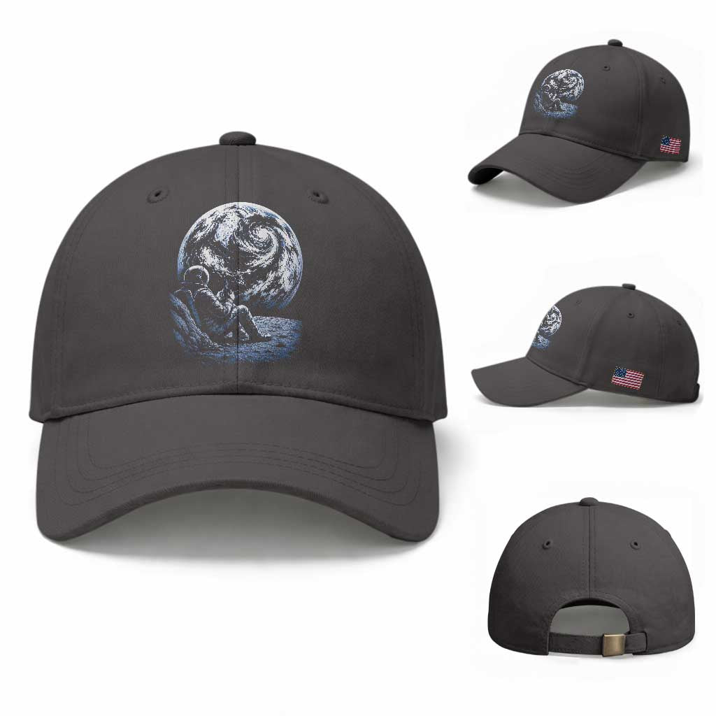 Astronaut Drinking Coffee On The Moon Graphic Baseball Cap Vintage Sci Fi Earth Horizon Space Explorer TS02 Baseball Cap Universal Fit Dark Gray Print Your Wear