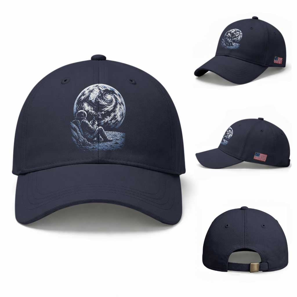 Astronaut Drinking Coffee On The Moon Graphic Baseball Cap Vintage Sci Fi Earth Horizon Space Explorer TS02 Baseball Cap Universal Fit Navy Print Your Wear