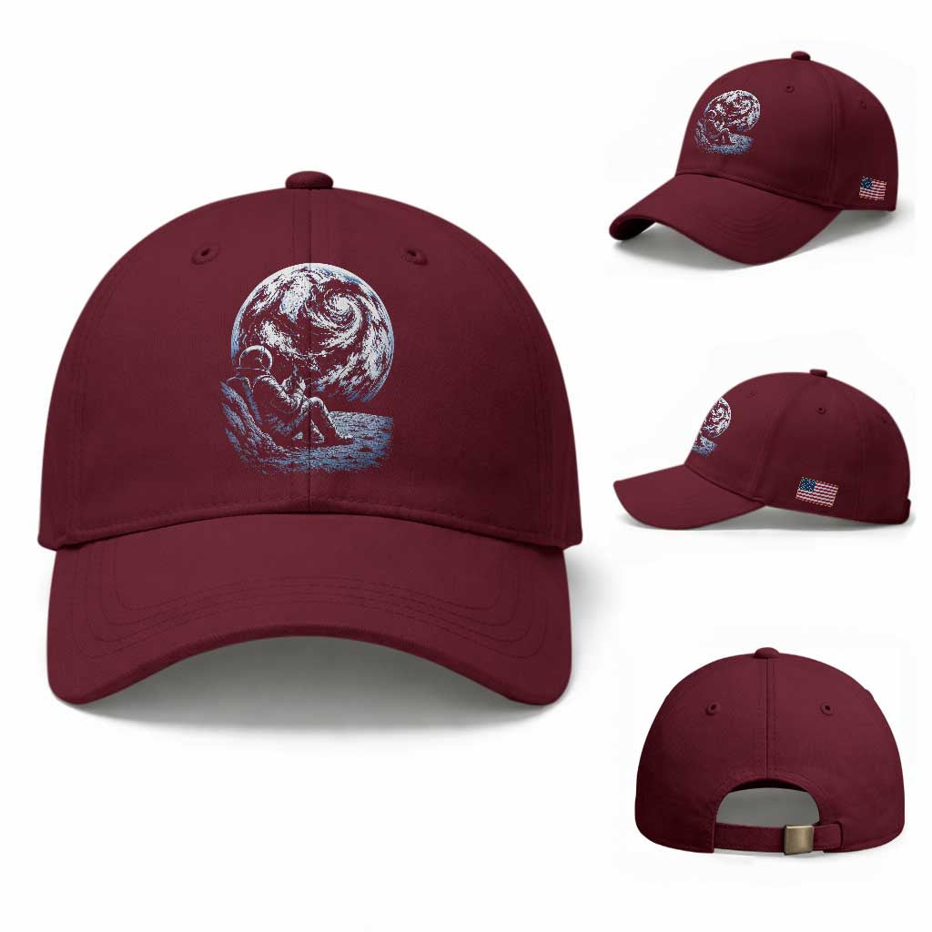Astronaut Drinking Coffee On The Moon Graphic Baseball Cap Vintage Sci Fi Earth Horizon Space Explorer TS02 Baseball Cap Universal Fit Maroon Print Your Wear