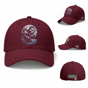 Astronaut Drinking Coffee On The Moon Graphic Baseball Cap Vintage Sci Fi Earth Horizon Space Explorer TS02 Baseball Cap Universal Fit Maroon Print Your Wear