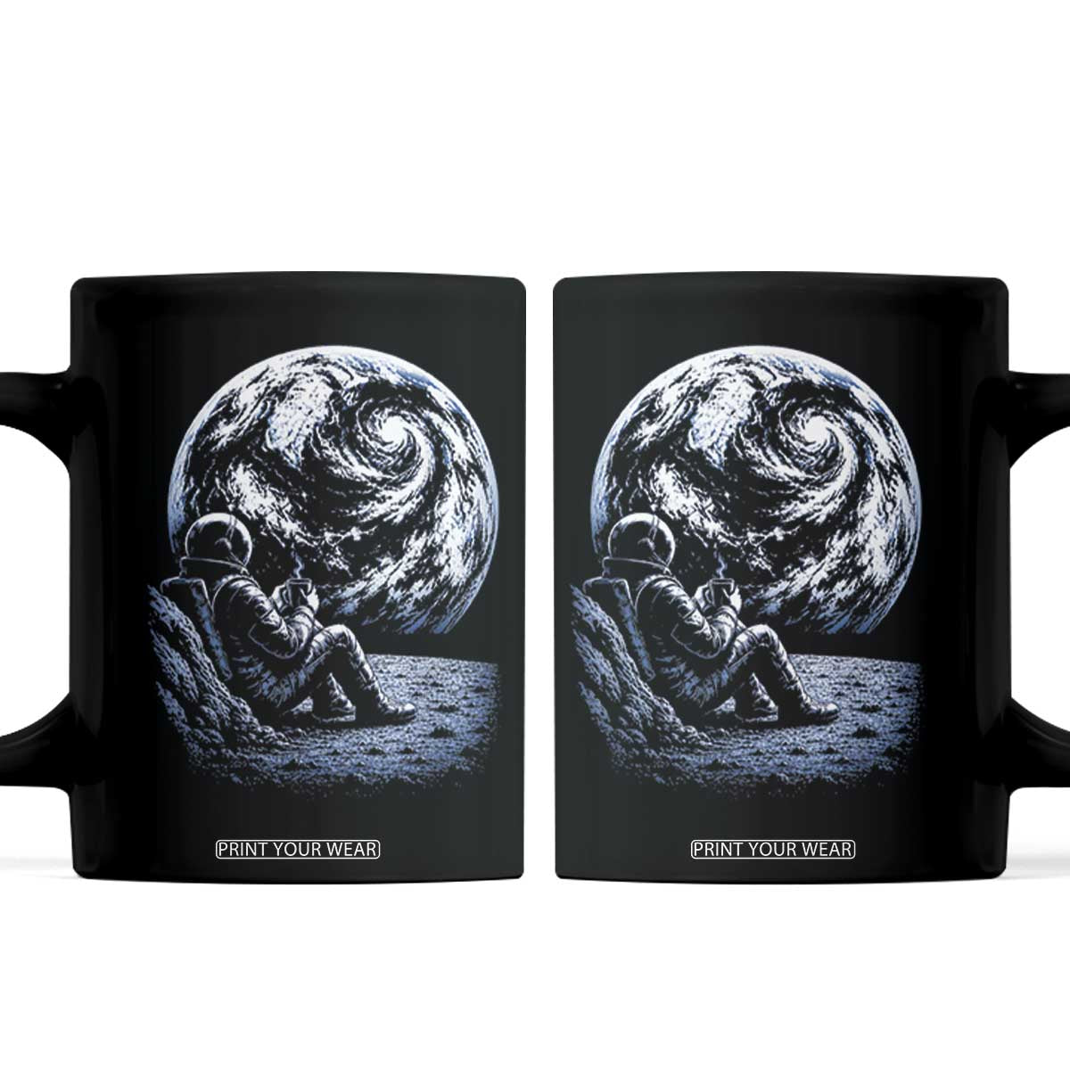 Astronaut Drinking Coffee On The Moon Graphic Coffee Mug Vintage Sci Fi Earth Horizon Space Explorer TS02 Black Print Your Wear