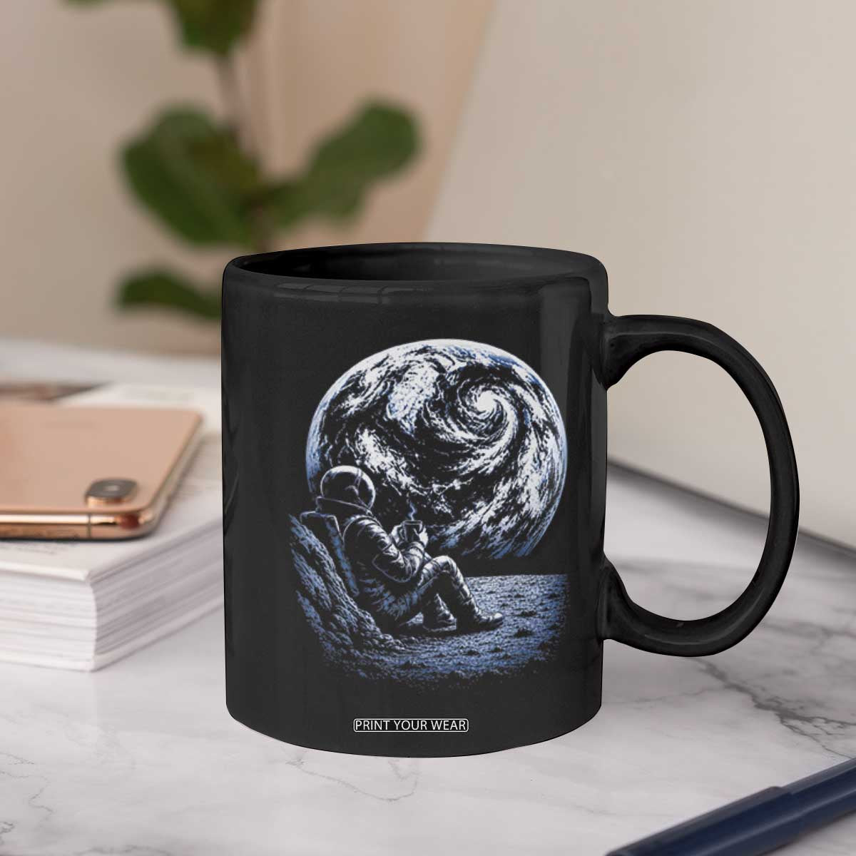 Astronaut Drinking Coffee On The Moon Graphic Coffee Mug Vintage Sci Fi Earth Horizon Space Explorer TS02 Print Your Wear