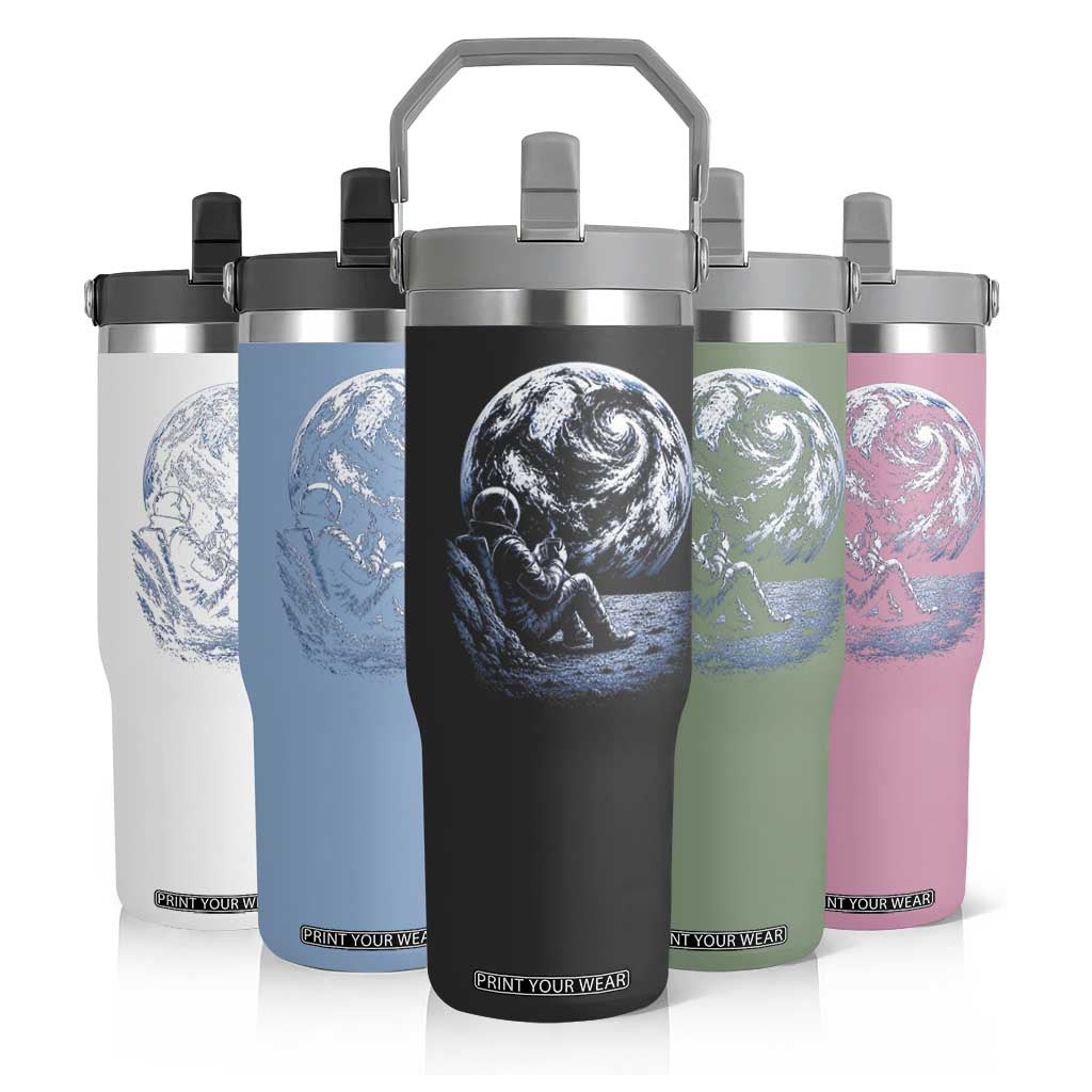 Astronaut Drinking Coffee On The Moon Graphic Flip Straw Tumbler Vintage Sci Fi Earth Horizon Space Explorer TS02 Print Your Wear