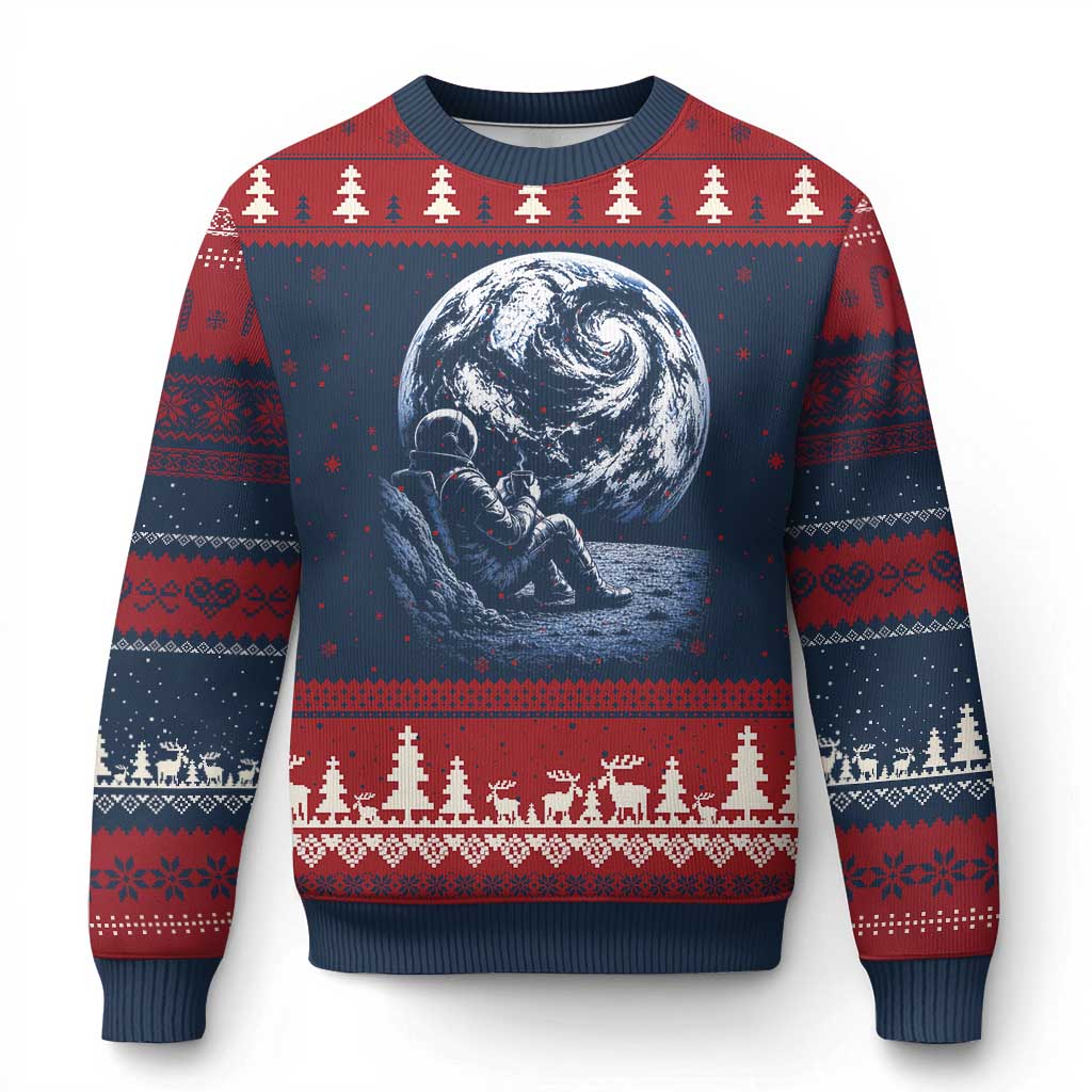 Astronaut Drinking Coffee On The Moon Graphic Ugly Christmas Sweater Vintage Sci Fi Earth Horizon Space Explorer TS02 Navy Red Print Your Wear